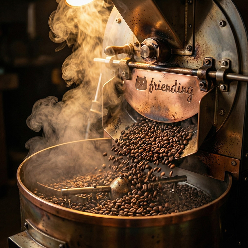Freshly roasted coffee beans and a cup